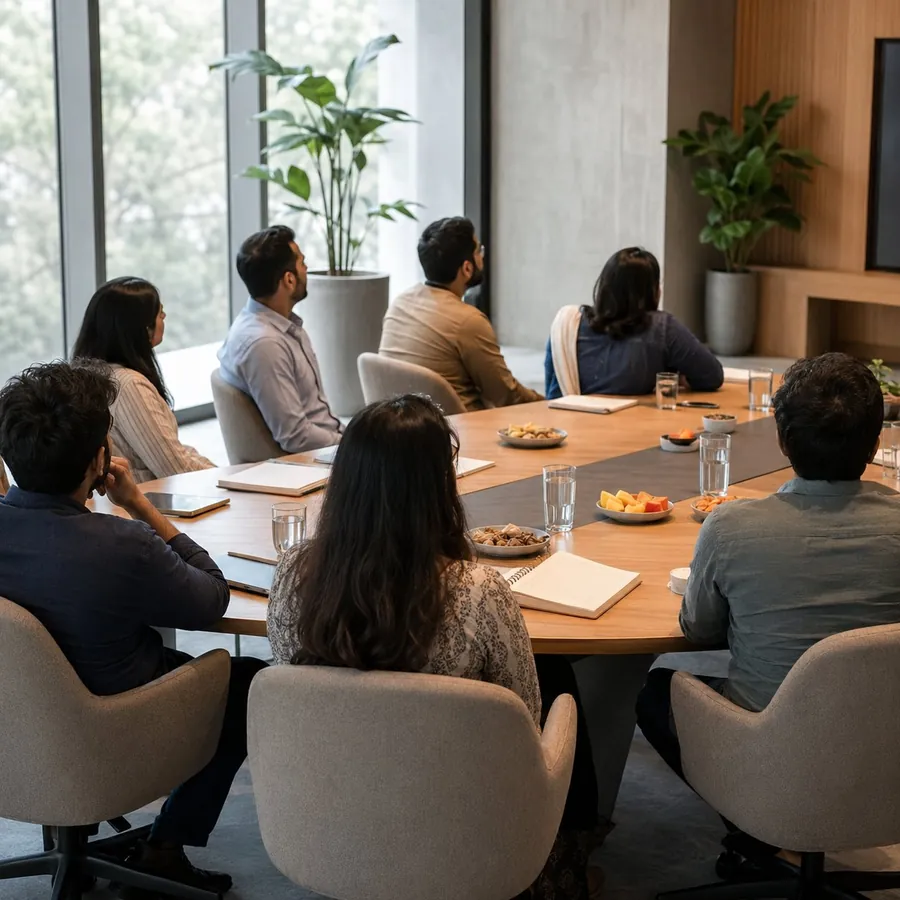 Colleagues at a workplace nutrition session around a meeting table