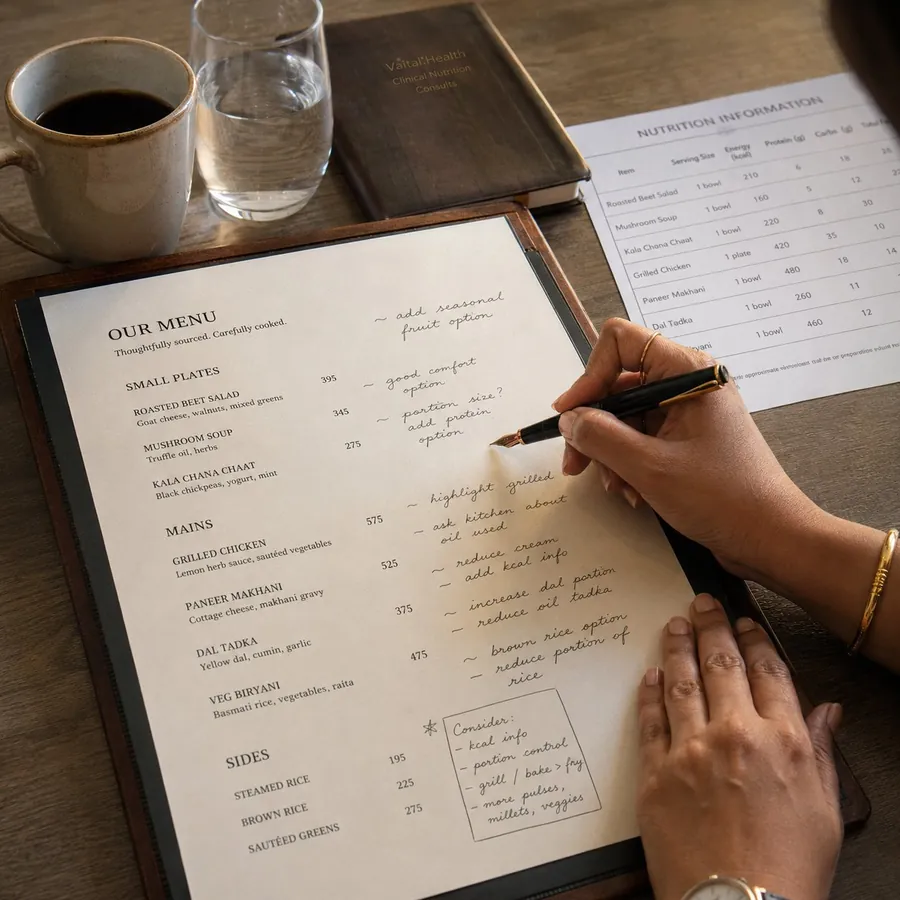 A nutritionist annotating a restaurant menu